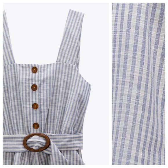 Zara Blue/Cream Linen Blend Striped Jumpsuit. Size M. - Picture 6 of 11